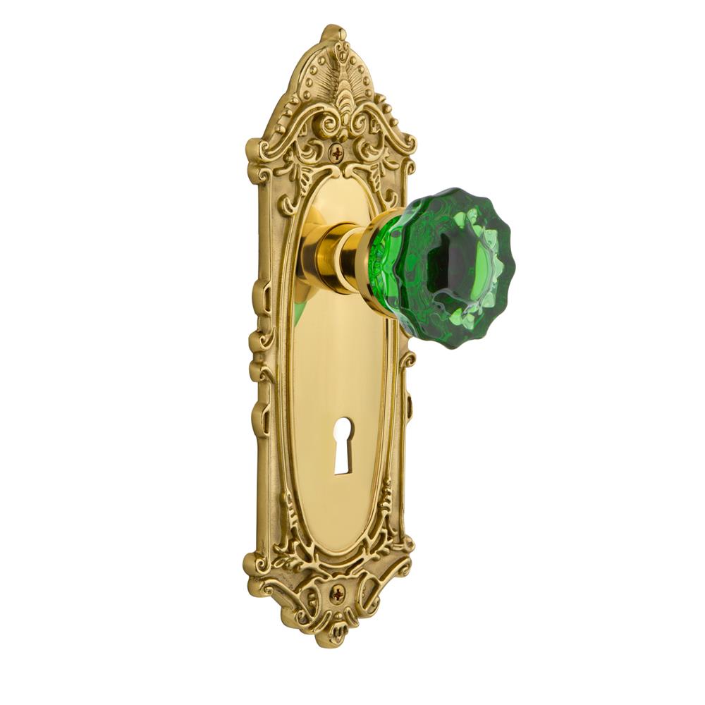 Nostalgic Warehouse VICCRE Colored Crystal Victorian Plate with Keyhole Passage Crystal Emerald Glass Door Knob in Polished Brass